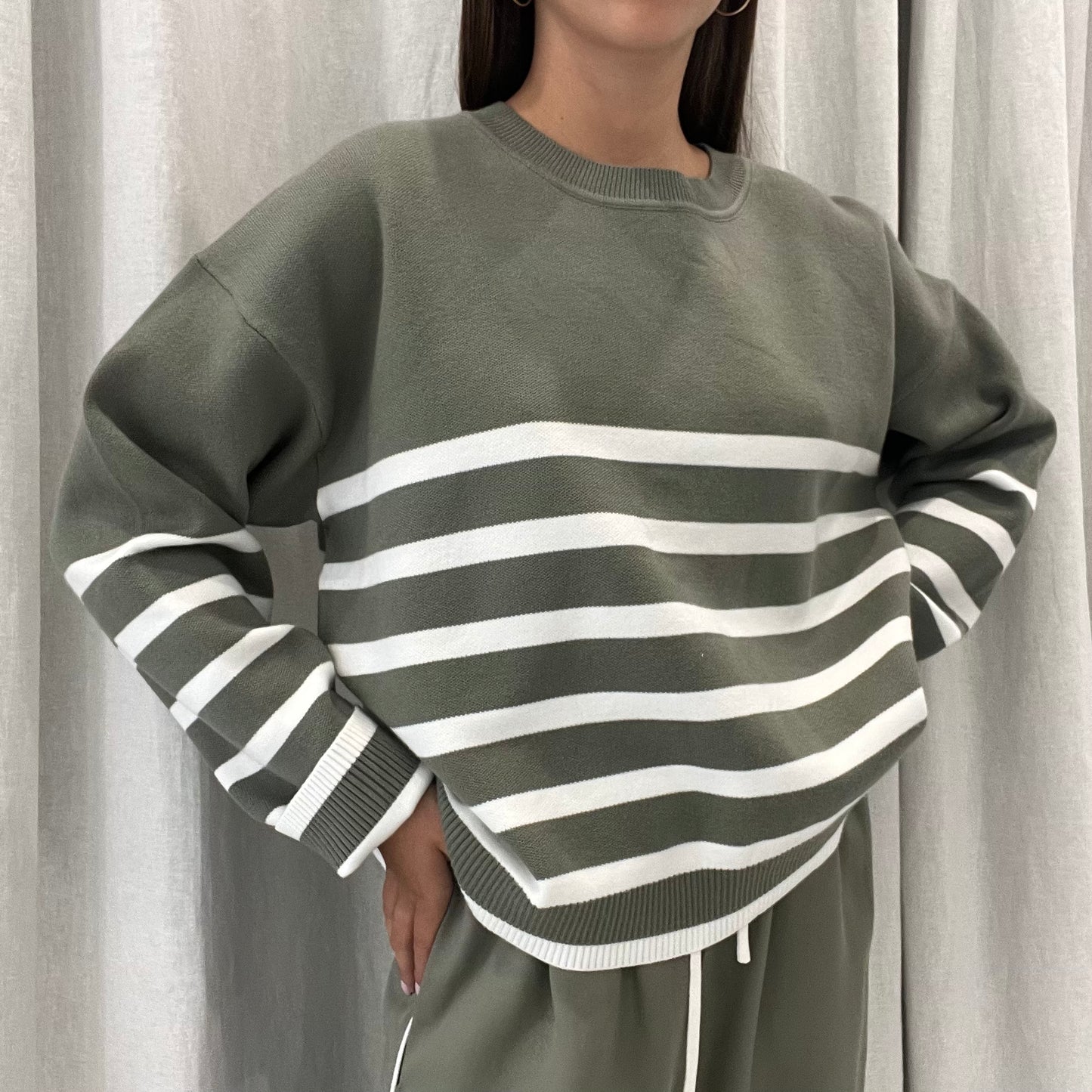 Lottie Stripe Sweater - Khaki/White