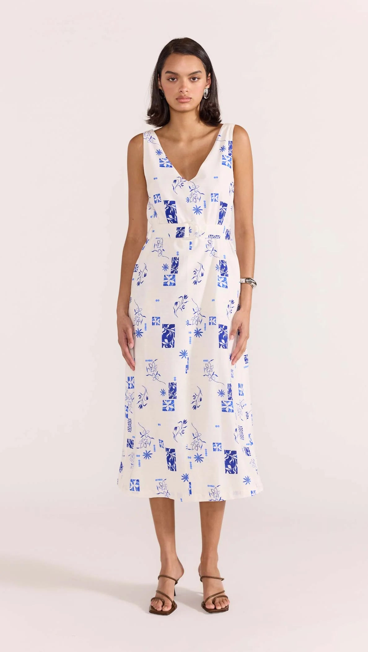 Marella Belted Midi Dress - White/Blue