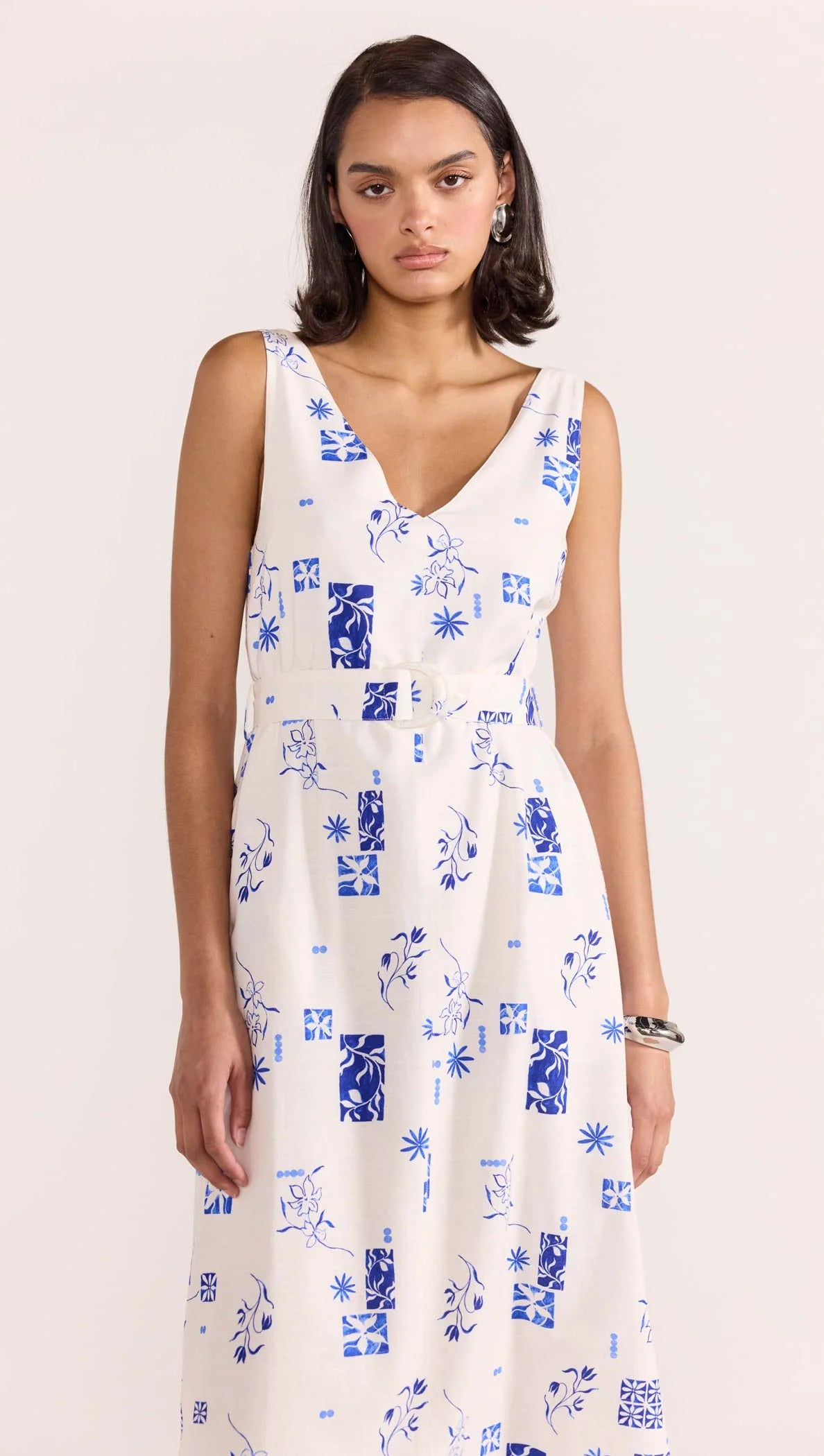 Marella Belted Midi Dress - White/Blue