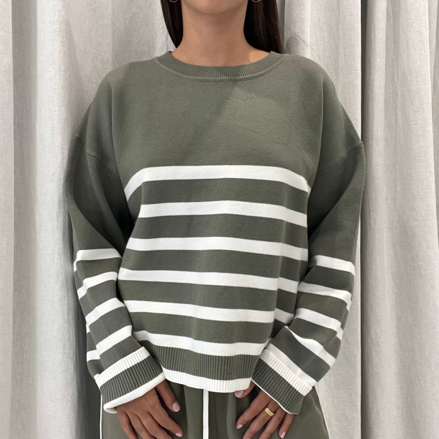 Lottie Stripe Sweater - Khaki/White