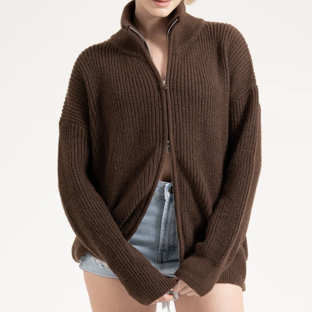 Skye Zip Up Cardigan - Chocolate