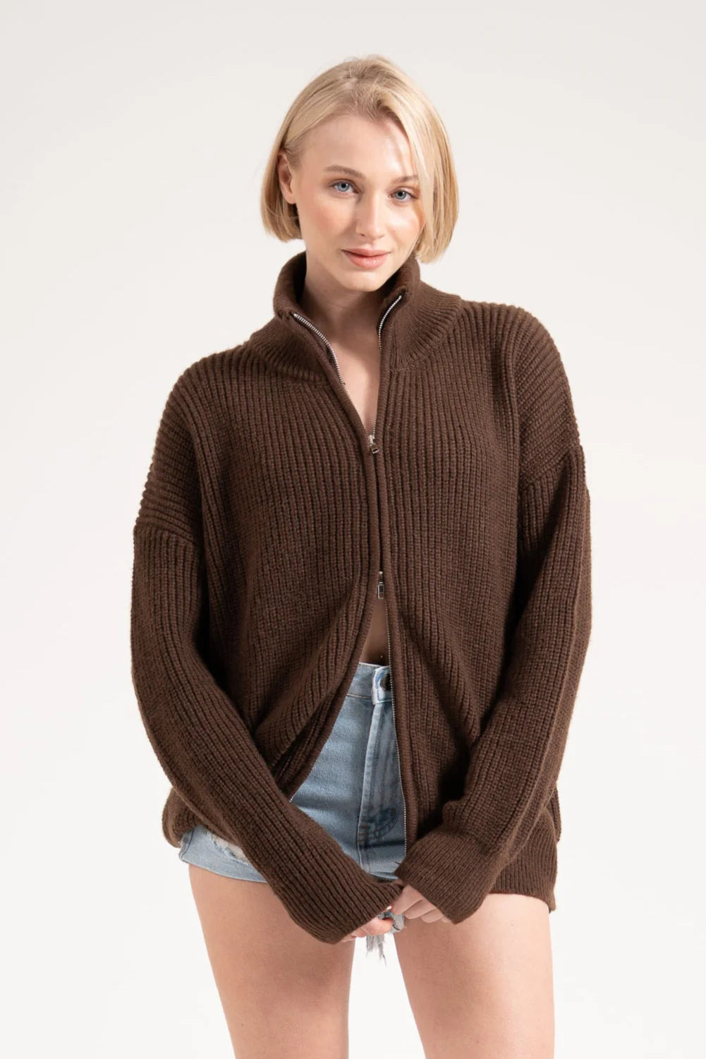 Skye Zip Up Cardigan - Chocolate