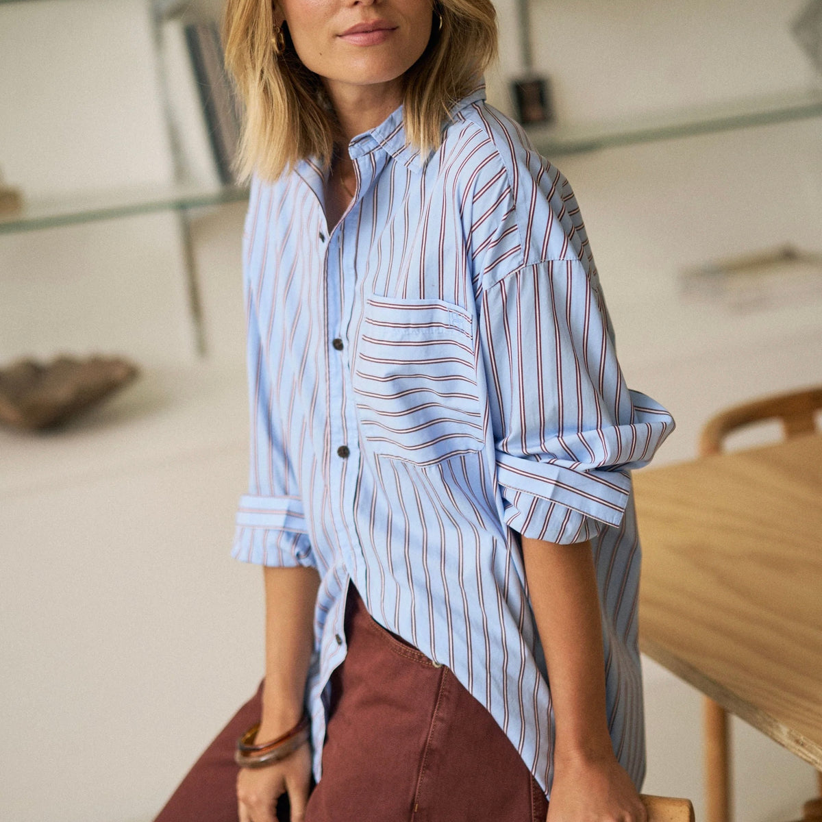 Peta Oversized Shirt - Sky Blue/Burgundy Stripe