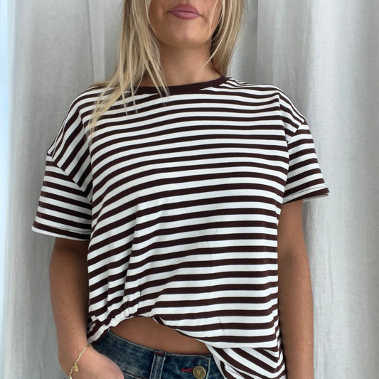 Claire Tuck Tee - Choc Stripe