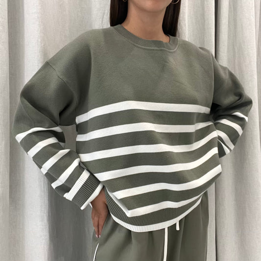 Lottie Stripe Sweater - Khaki/White