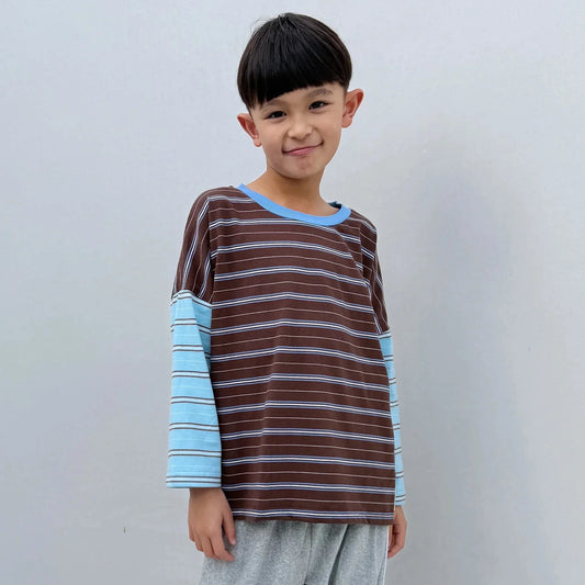 Rowan Stripe Cotton Long Sleeve Top - Cocoa/Blue