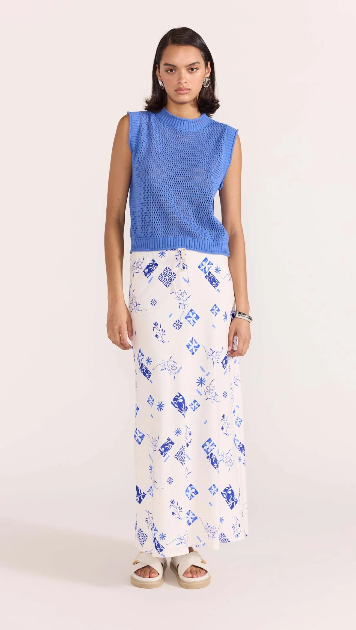 Marella Bias Midi Skirt - White/Blue