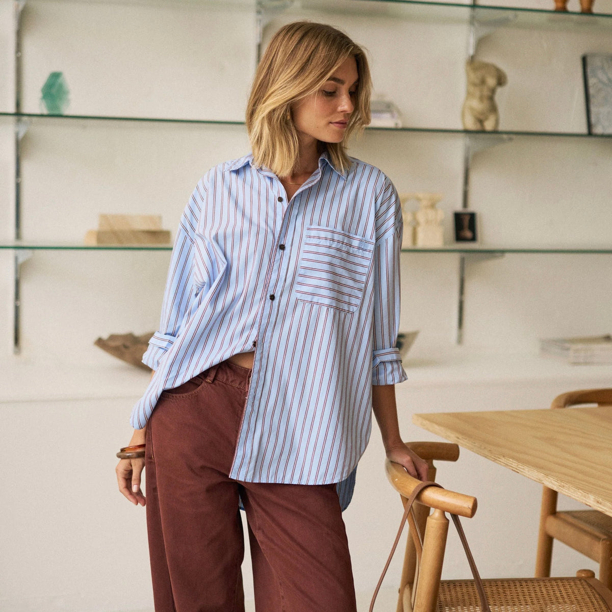 Peta Oversized Shirt - Sky Blue/Burgundy Stripe