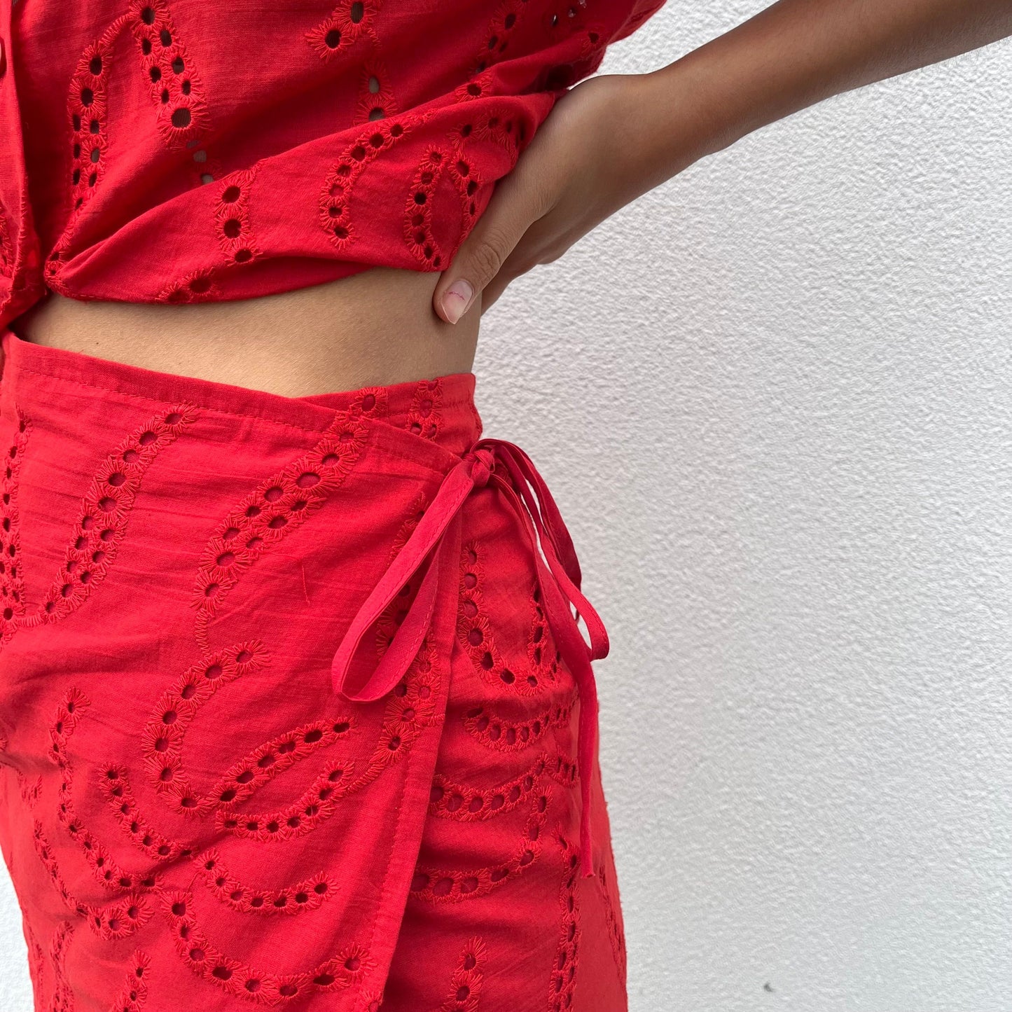 Broderie Anglaise Wrap Skirt - Red