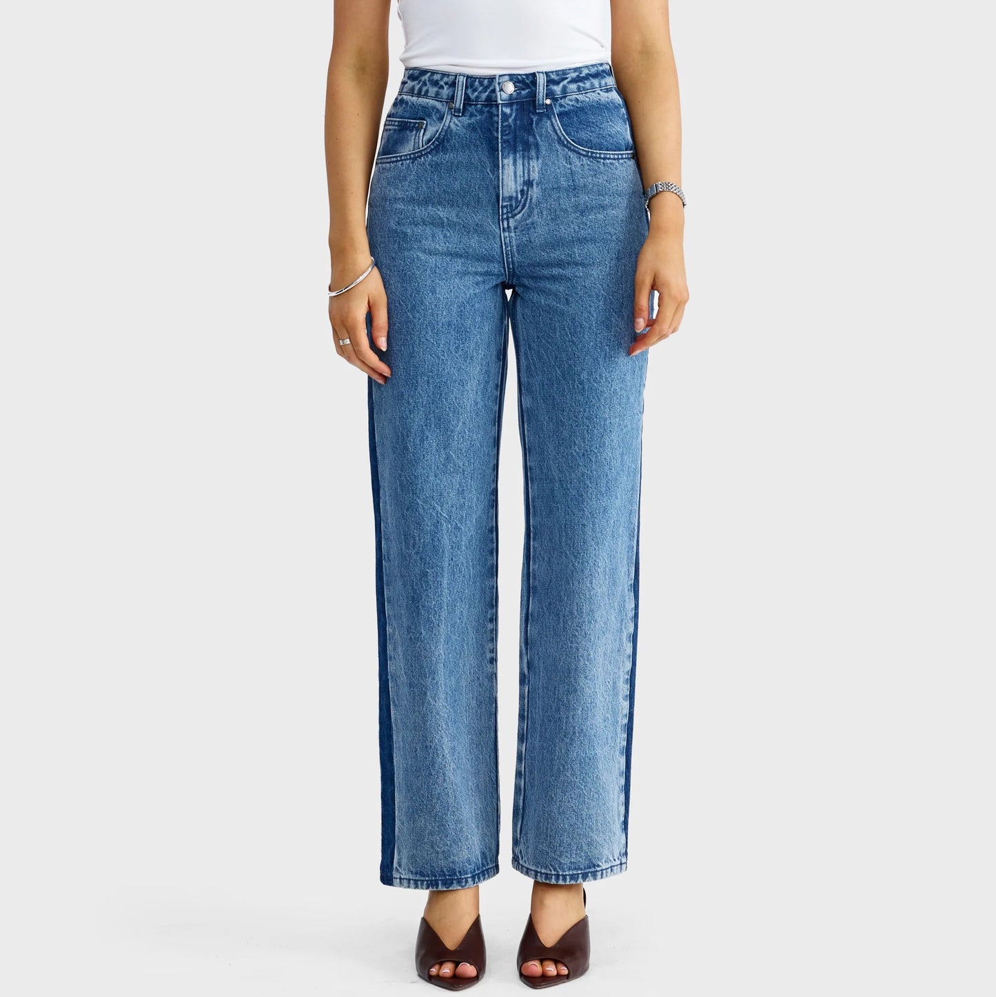 Cleo Contrast Side Panel Jean - Mid Blue