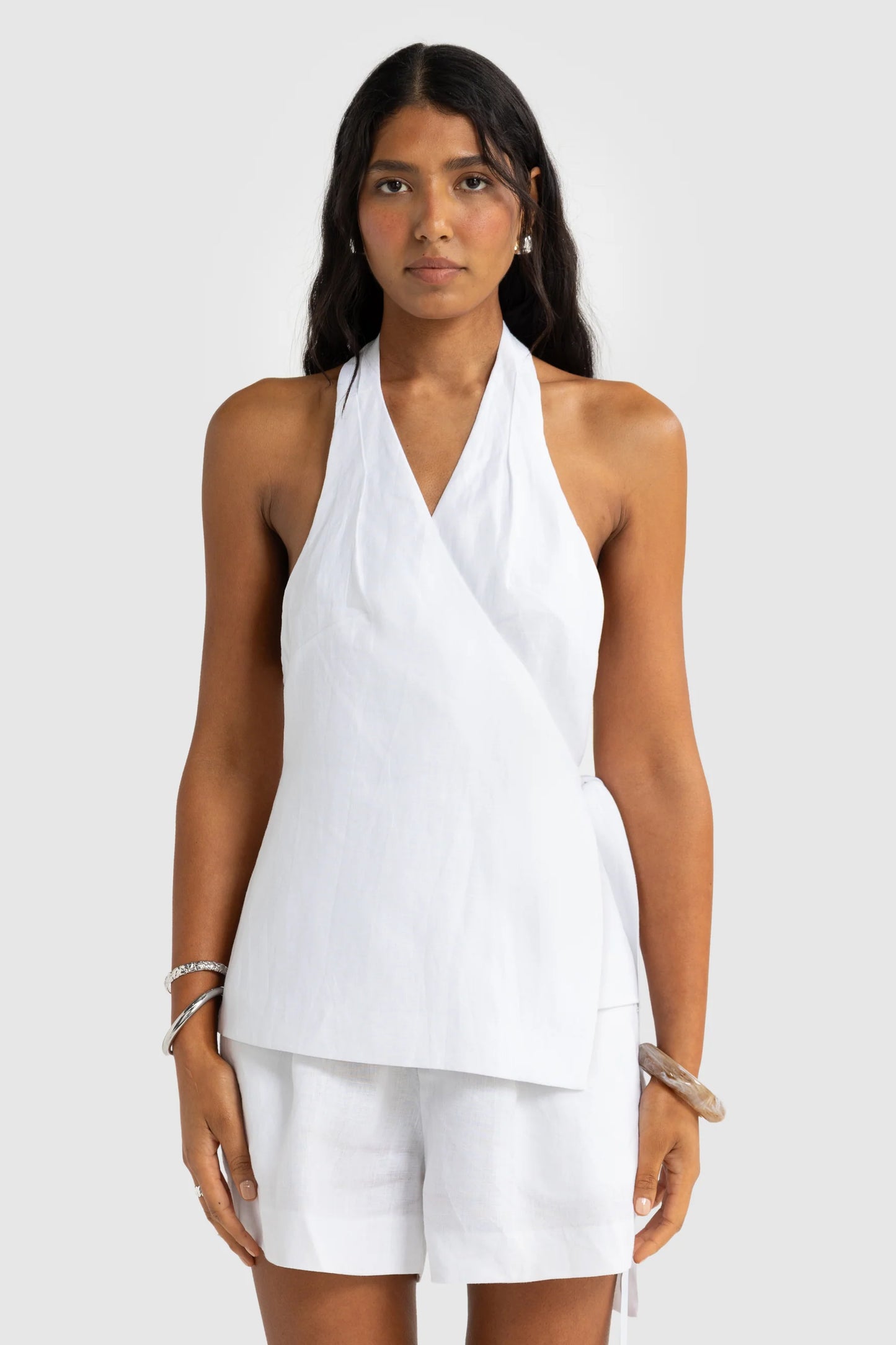 Elise Linen Wrap Top White