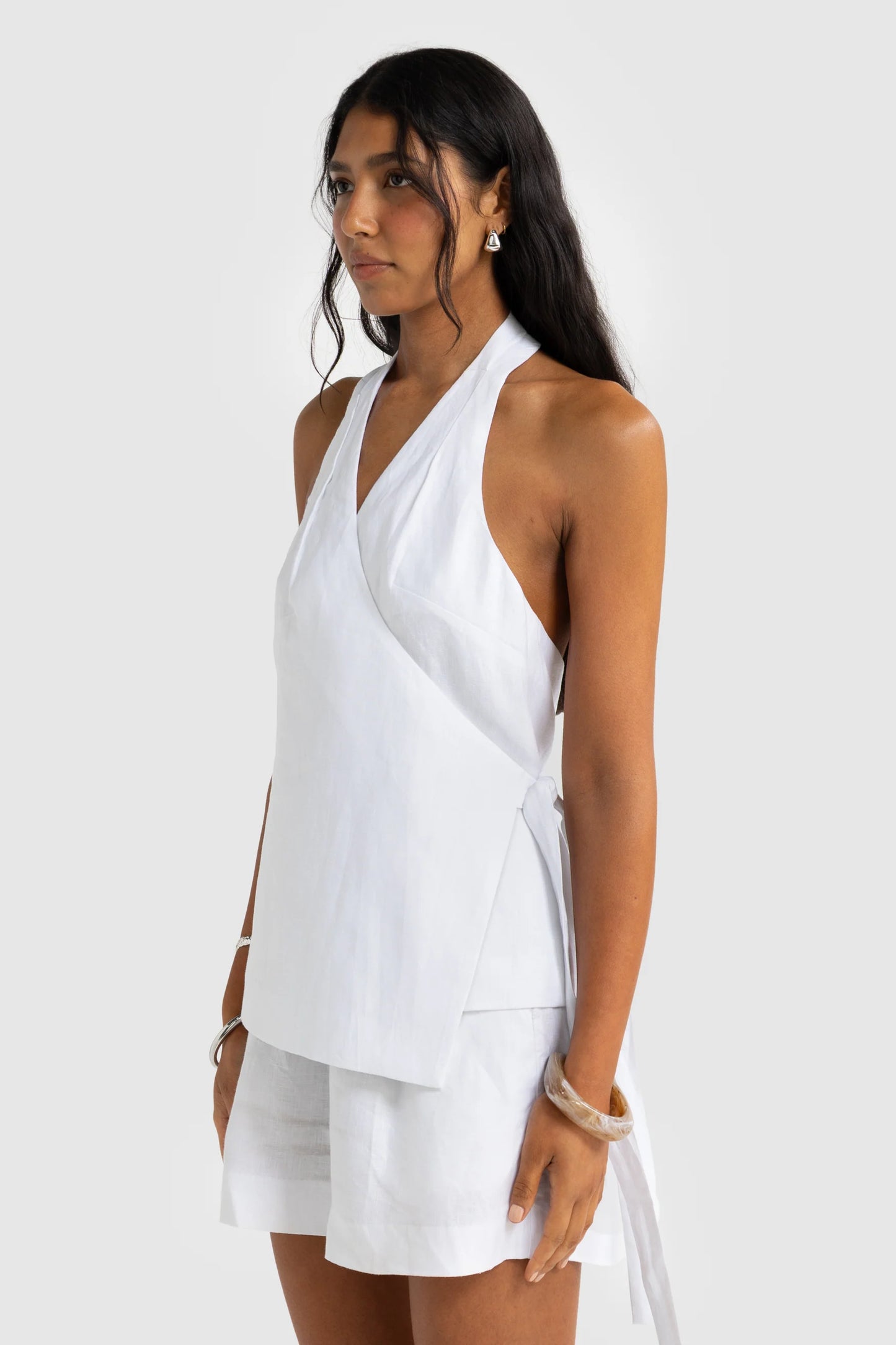 Elise Linen Wrap Top White
