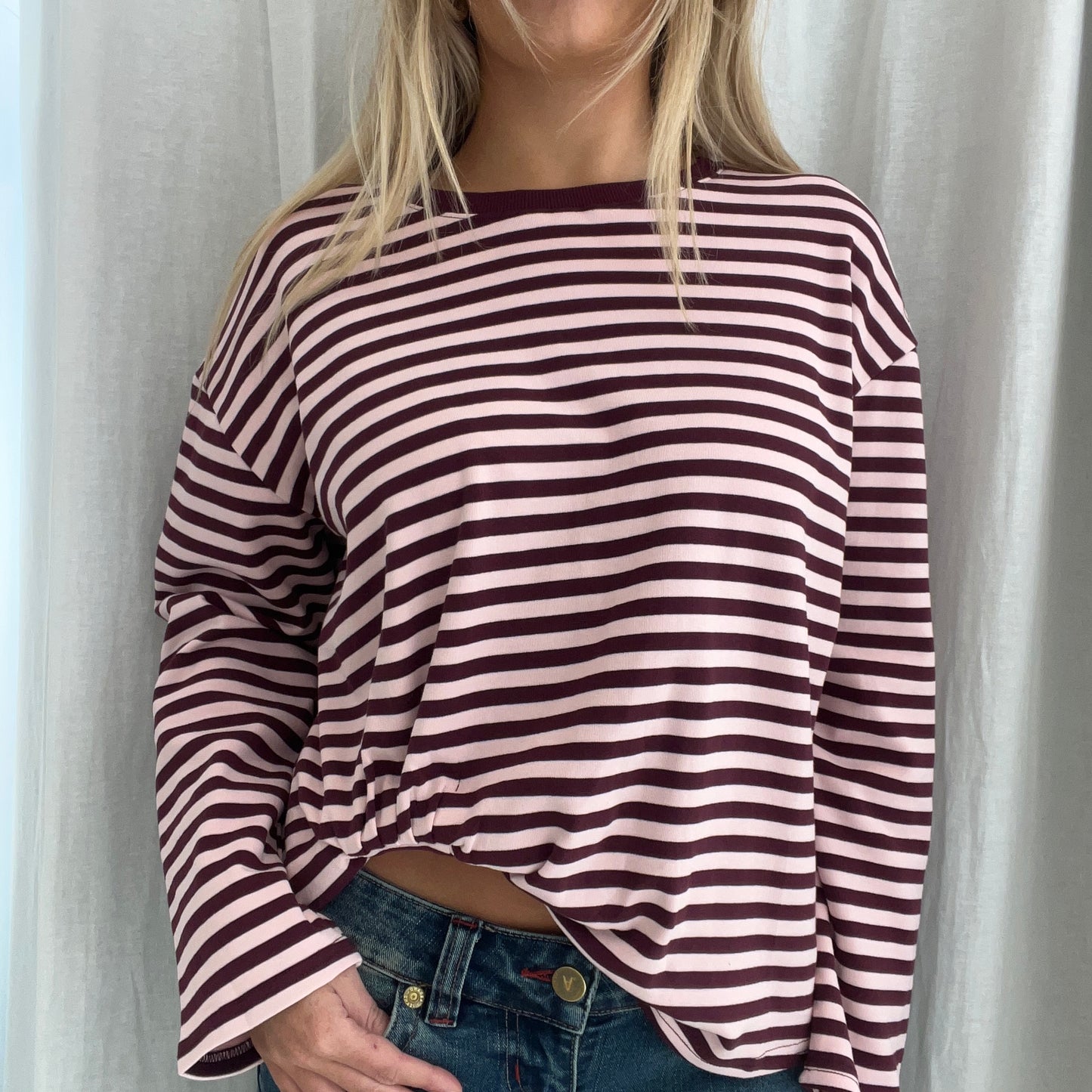 LS Claire Tuck Tee - Burgundy/pink stripe
