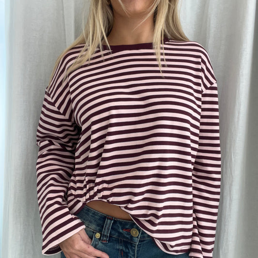 LS Claire Tuck Tee - Burgundy/pink stripe