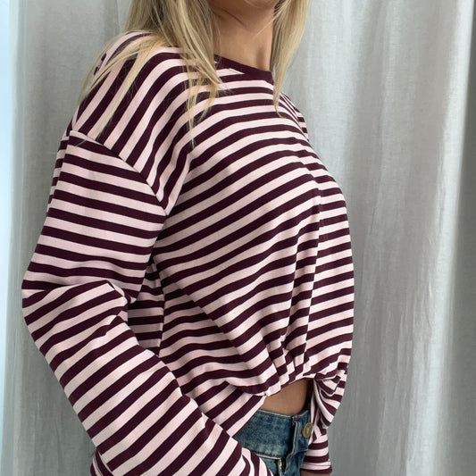 LS Claire Tuck Tee - Burgundy/pink stripe
