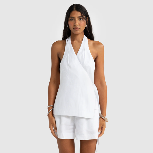 Elise Linen Wrap Top White