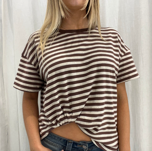 Claire Tuck Tee - Brown/beige stripe