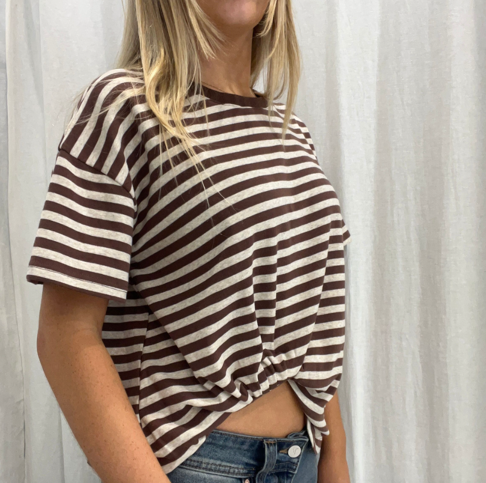 Claire Tuck Tee - Brown/beige stripe