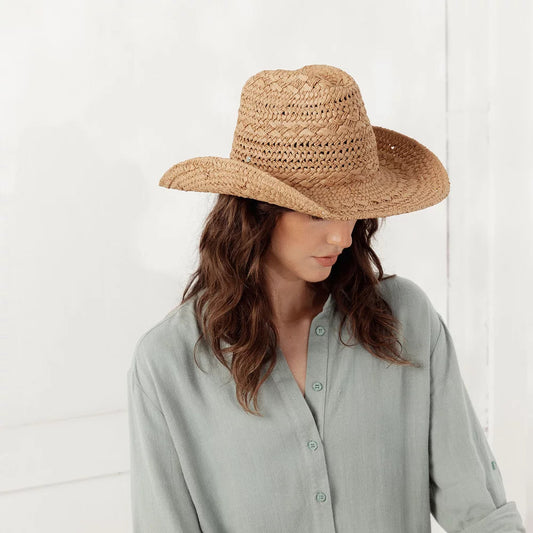 Kira Woven Straw Cowboy Hat - Tan Brown