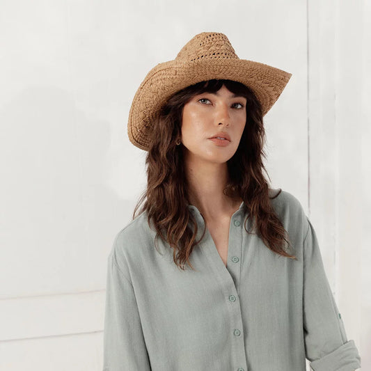 Kira Woven Straw Cowboy Hat - Tan Brown