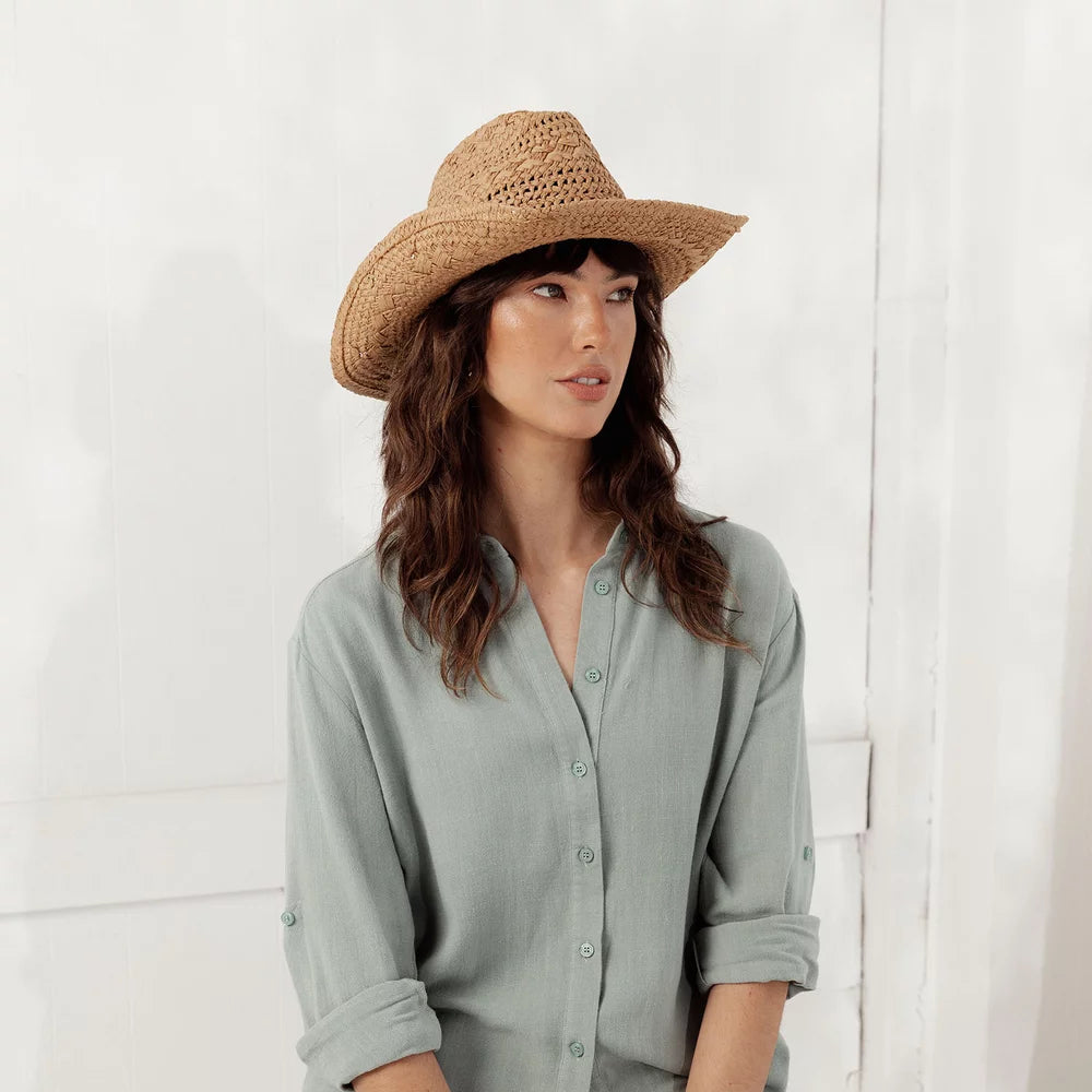 Kira Woven Straw Cowboy Hat - Tan Brown