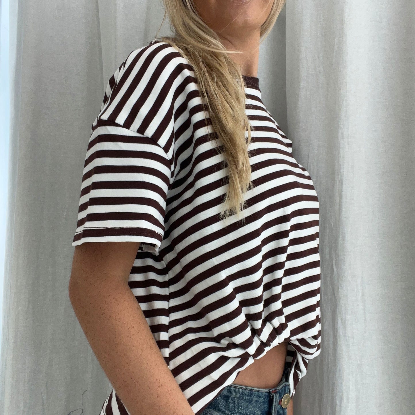 Claire Tuck Tee - Choc Stripe